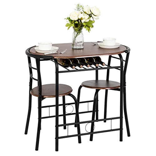 3 Piece Wooden Dining Set with 2 Chairs and Wine Rack V9033