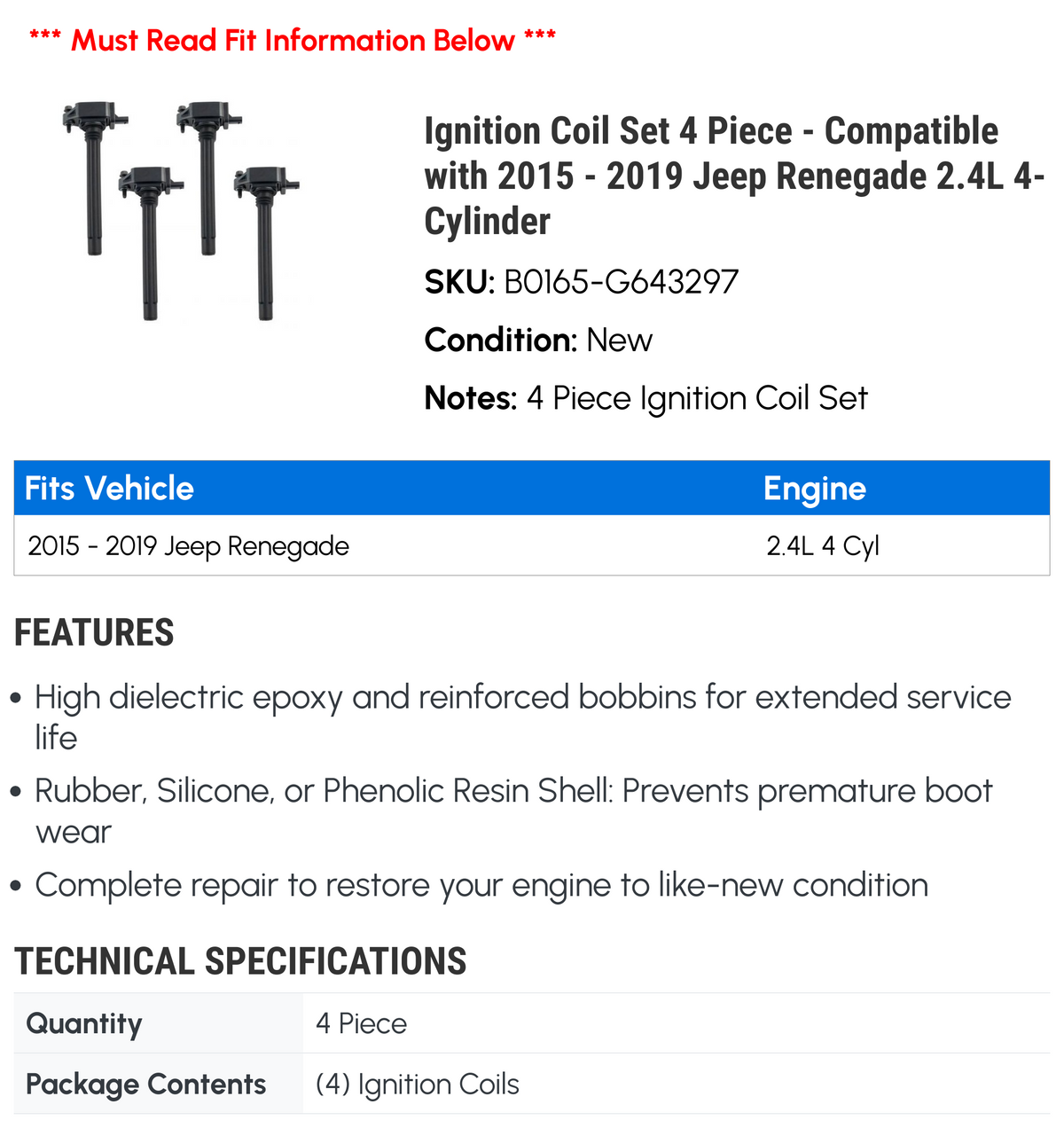 Ignition Coil Set 4 Piece B457194