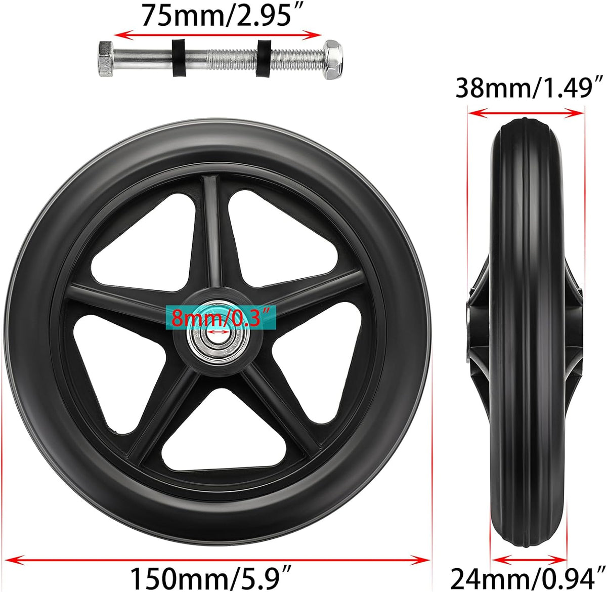 2PCS 6 Inch Rubber Wheelchair Front Wheels Replacement Casters Black A48774