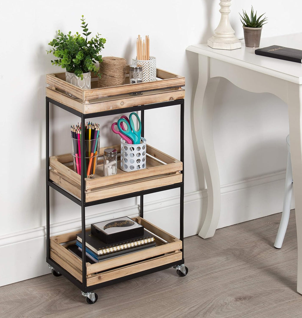 Natural Wood 3 Tiered Rolling Storage Cart with Black Metal Frame P907