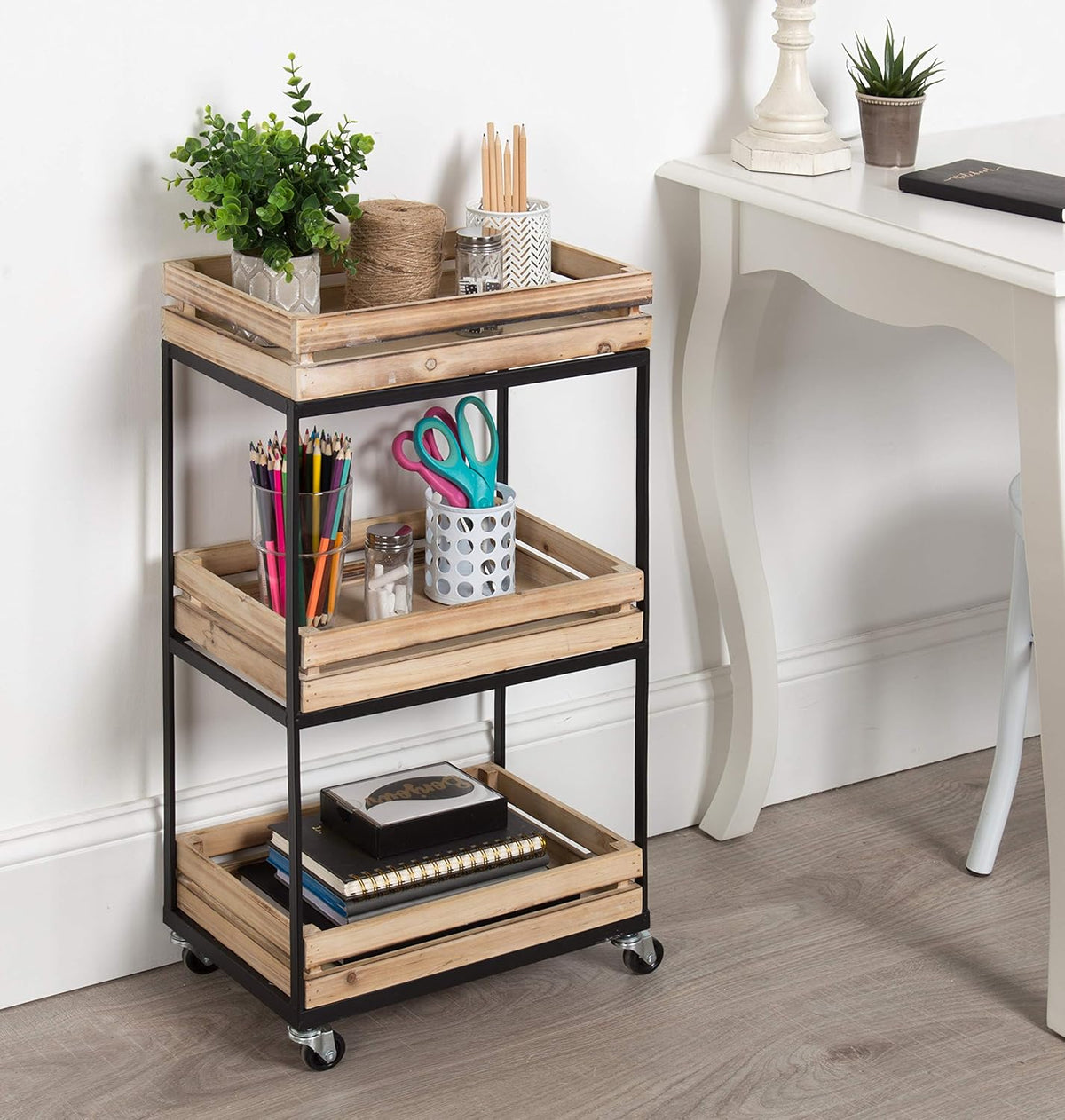 Natural Wood 3 Tiered Rolling Storage Cart with Black Metal Frame P907