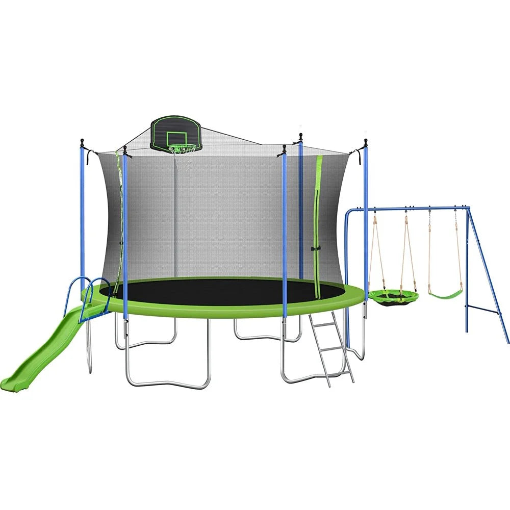 14FT Trampoline with Enclosure Slide Swing & Basketball Hoop A526426