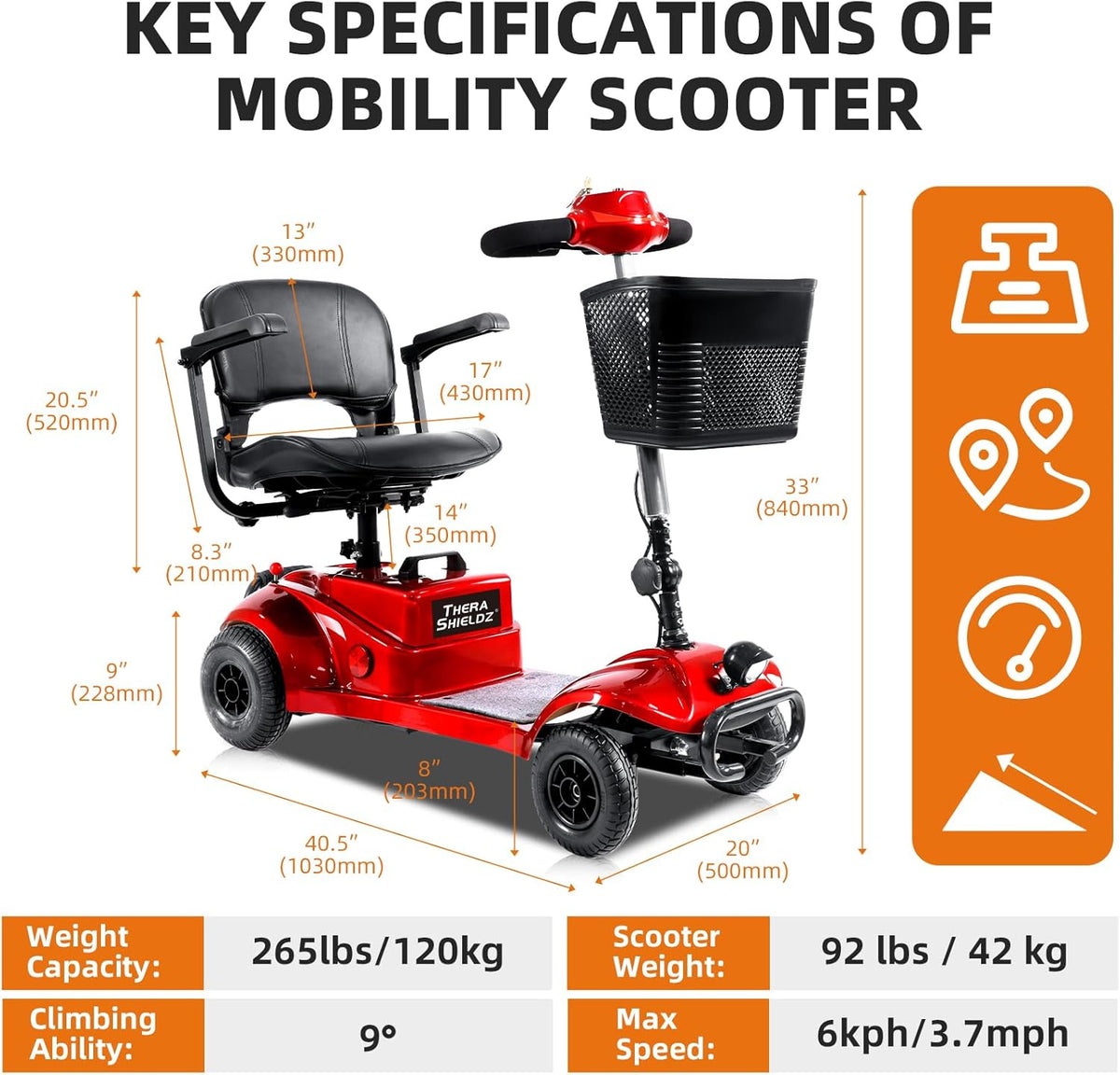 Red Foldable 4 Wheel Mobility Scooter with Basket and Light M900934