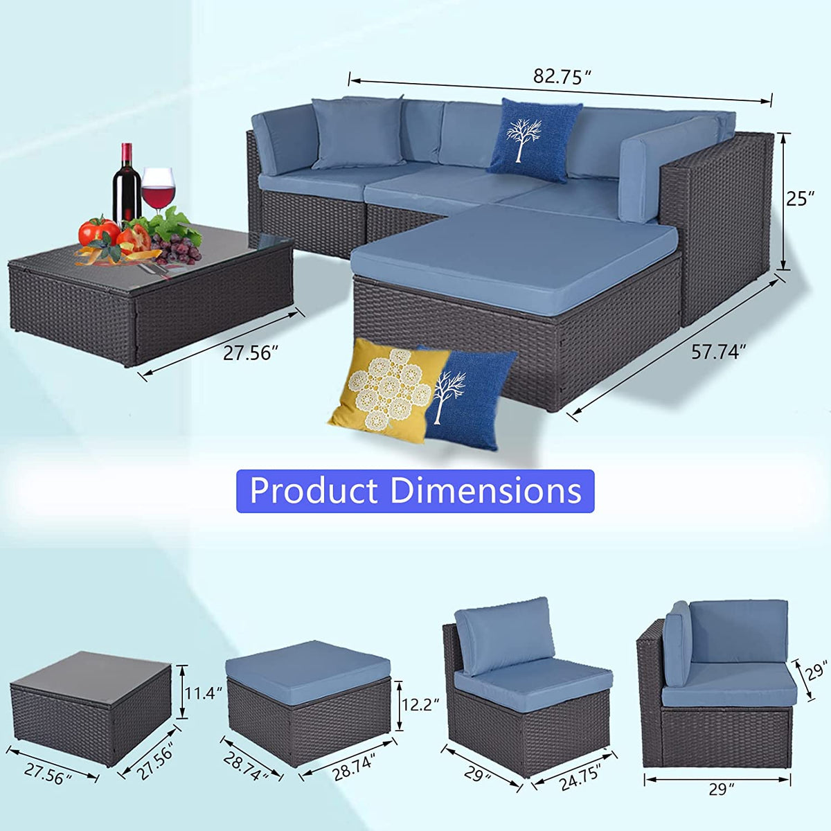 Outdoor Patio Furniture Sets Sectional Wicker Couch Sofa Seating 5PCS G997361