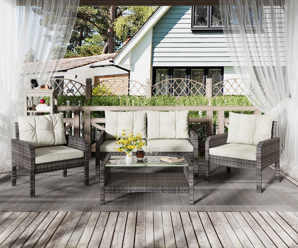 4-Piece Outdoor Rattan Wicker Sofa Set with Cushions & Coffee Table M41079
