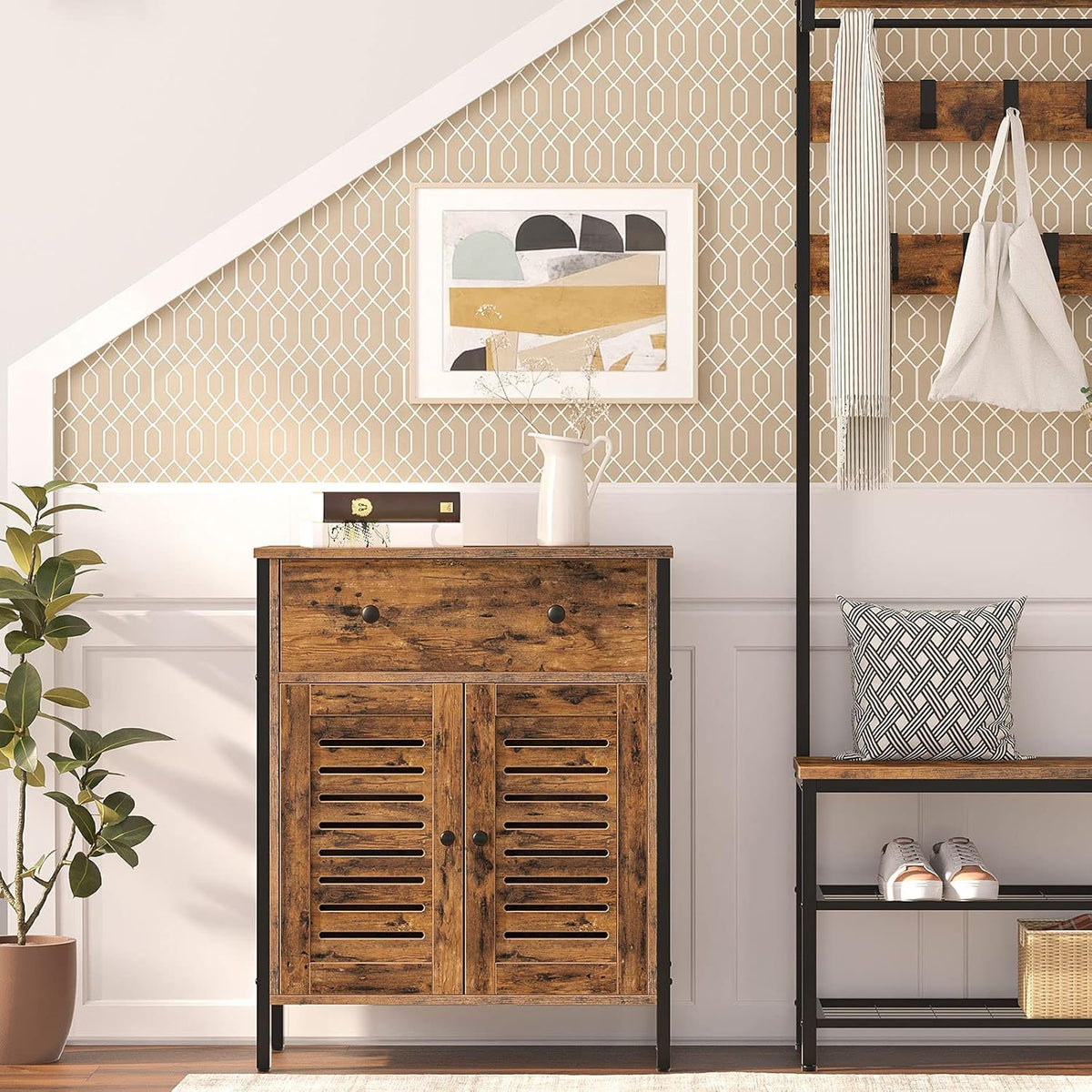 Rustic Brown Kitchen Sideboard Floor Storage Cabinet with Drawers and Height-Adjustable Shelves Q8594
