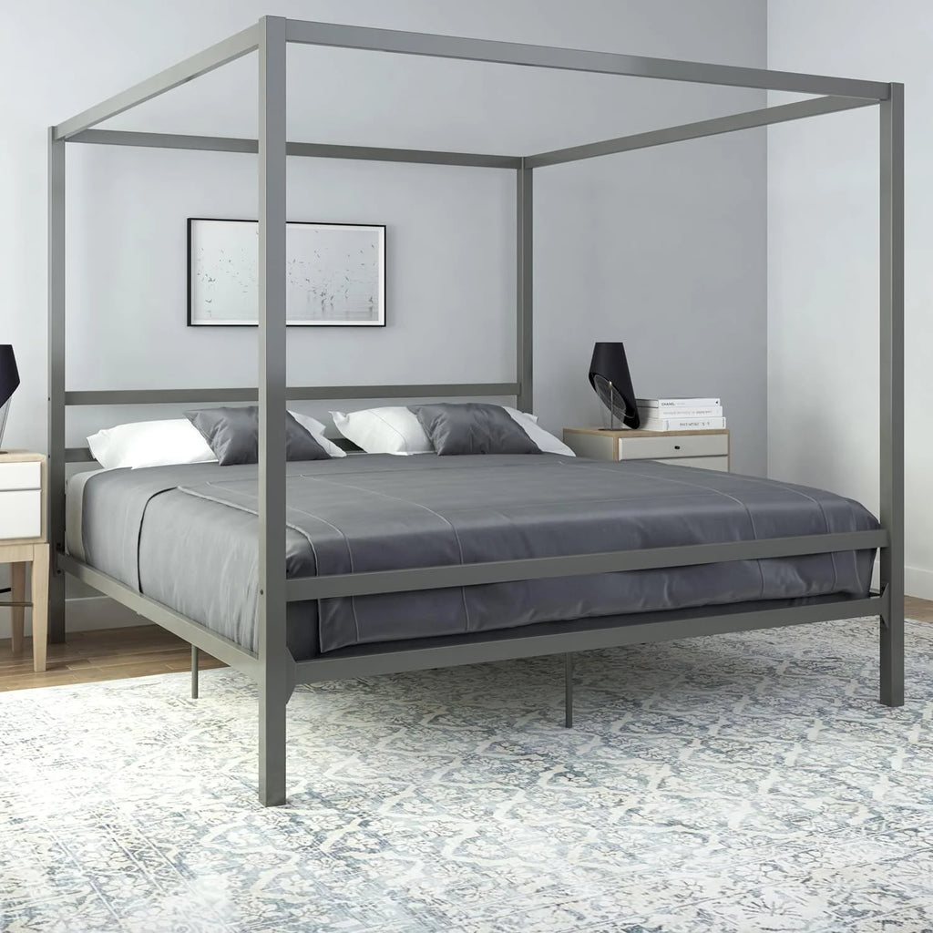 King Gunmetal Gray Metal Canopy Platform Bed with Underbed Storage Y77479