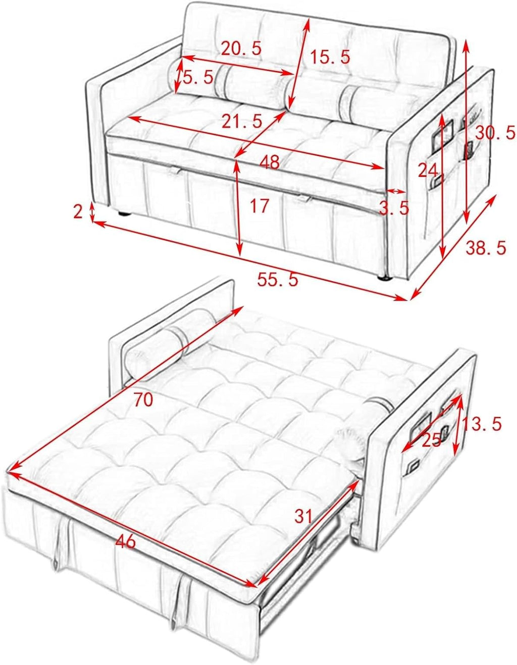 Beige 2 Seater Sleep Sofa Bed with Side Pockets A7617