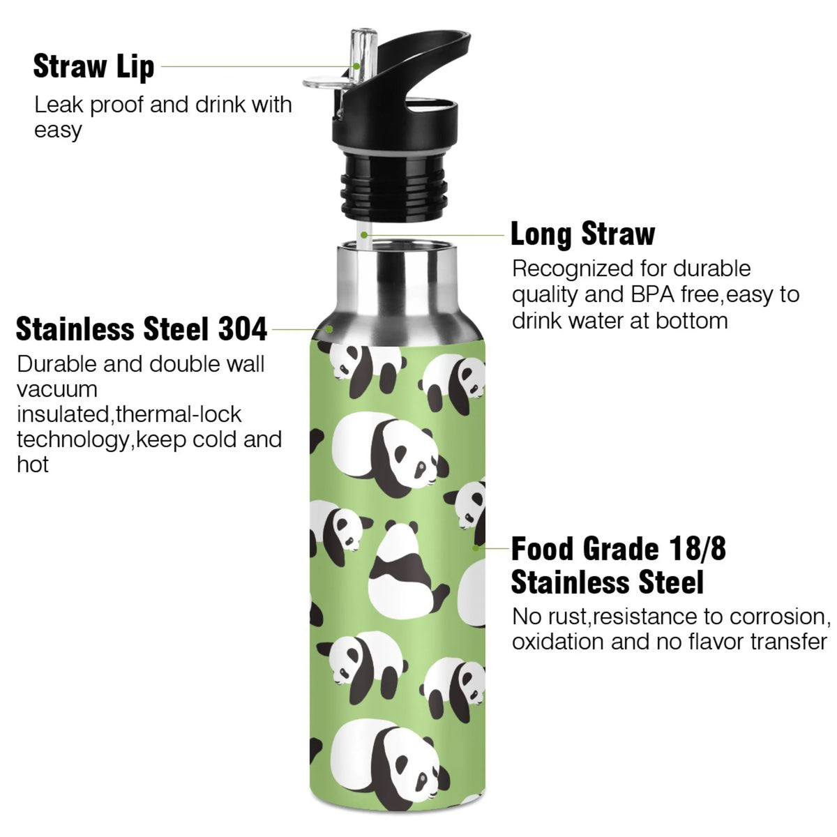 Green Vacuum Insulated Stainless Steel Water Bottle with Straw Lid 20 OZ Q664