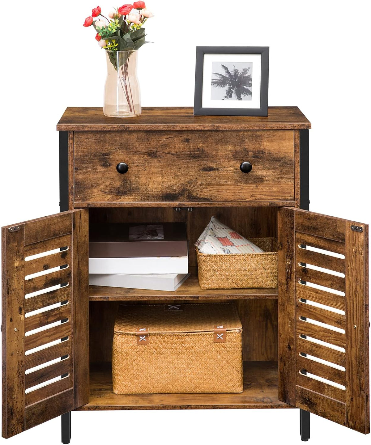 Rustic Brown Kitchen Sideboard Floor Storage Cabinet with Drawers and Height-Adjustable Shelves Q8594