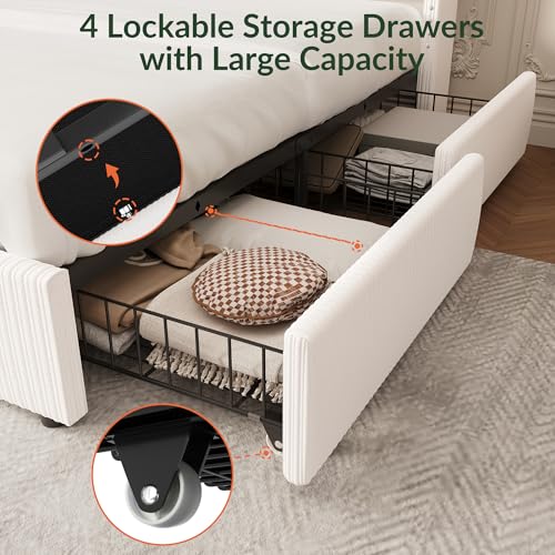King Size White Corduroy Upholstered Platform Bed Frame with 4 Storage Drawers X574
