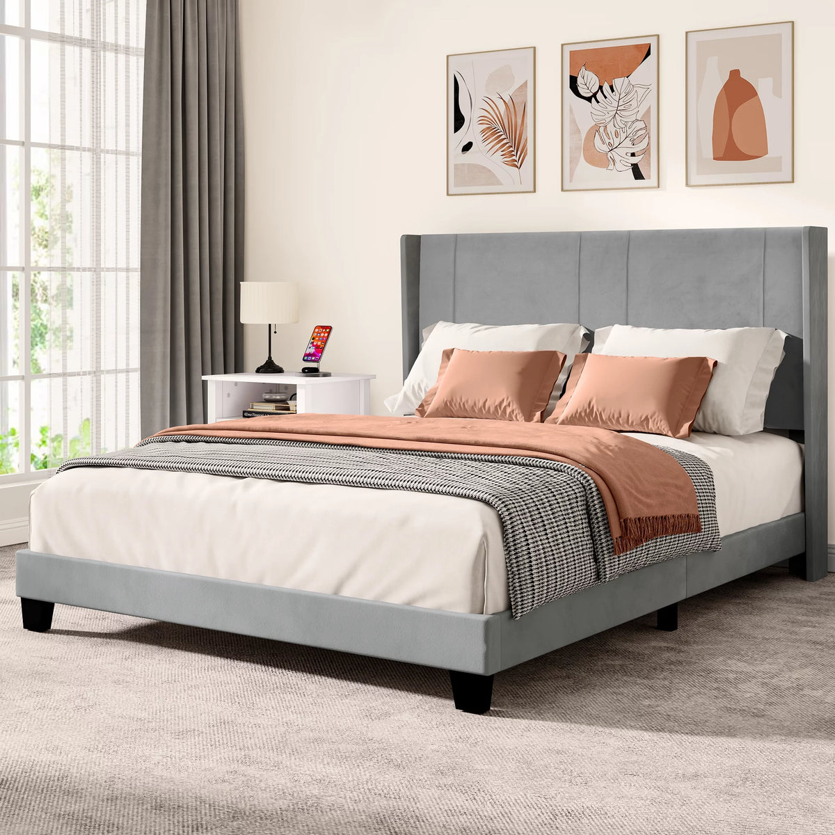 Queen Upholstered Wingback Platform Bed with Gray Velvet Headboard Y8618