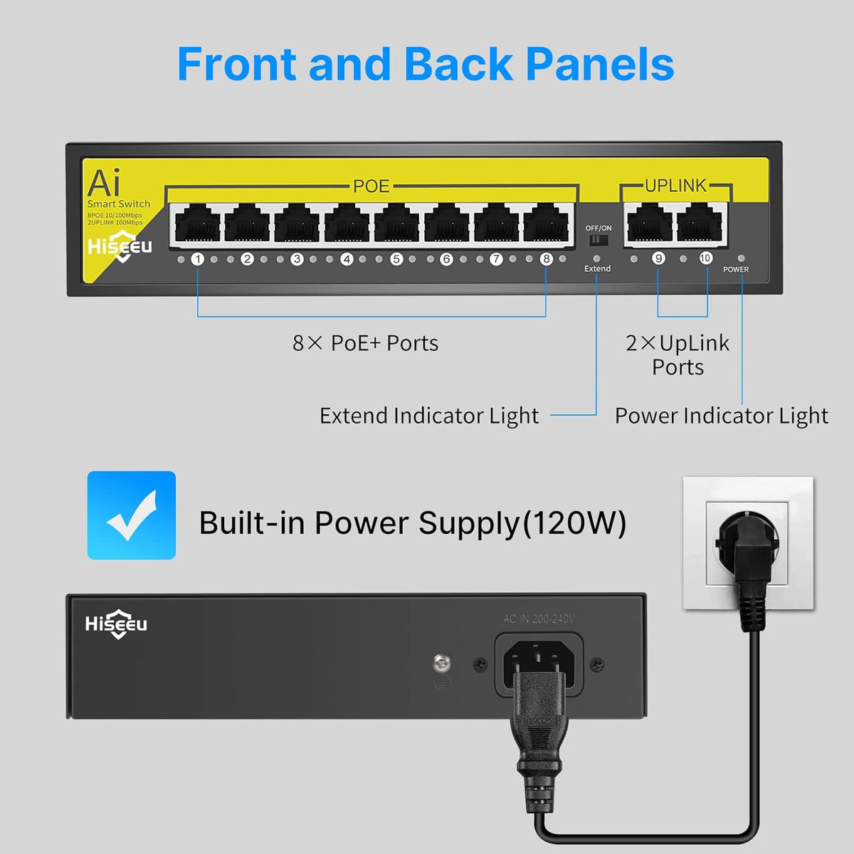 8 Port PoE Switch with 2 Ethernet Uplink Ports, 120 W, Metal Case K476791