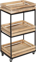 Natural Wood 3 Tiered Rolling Storage Cart with Black Metal Frame P907