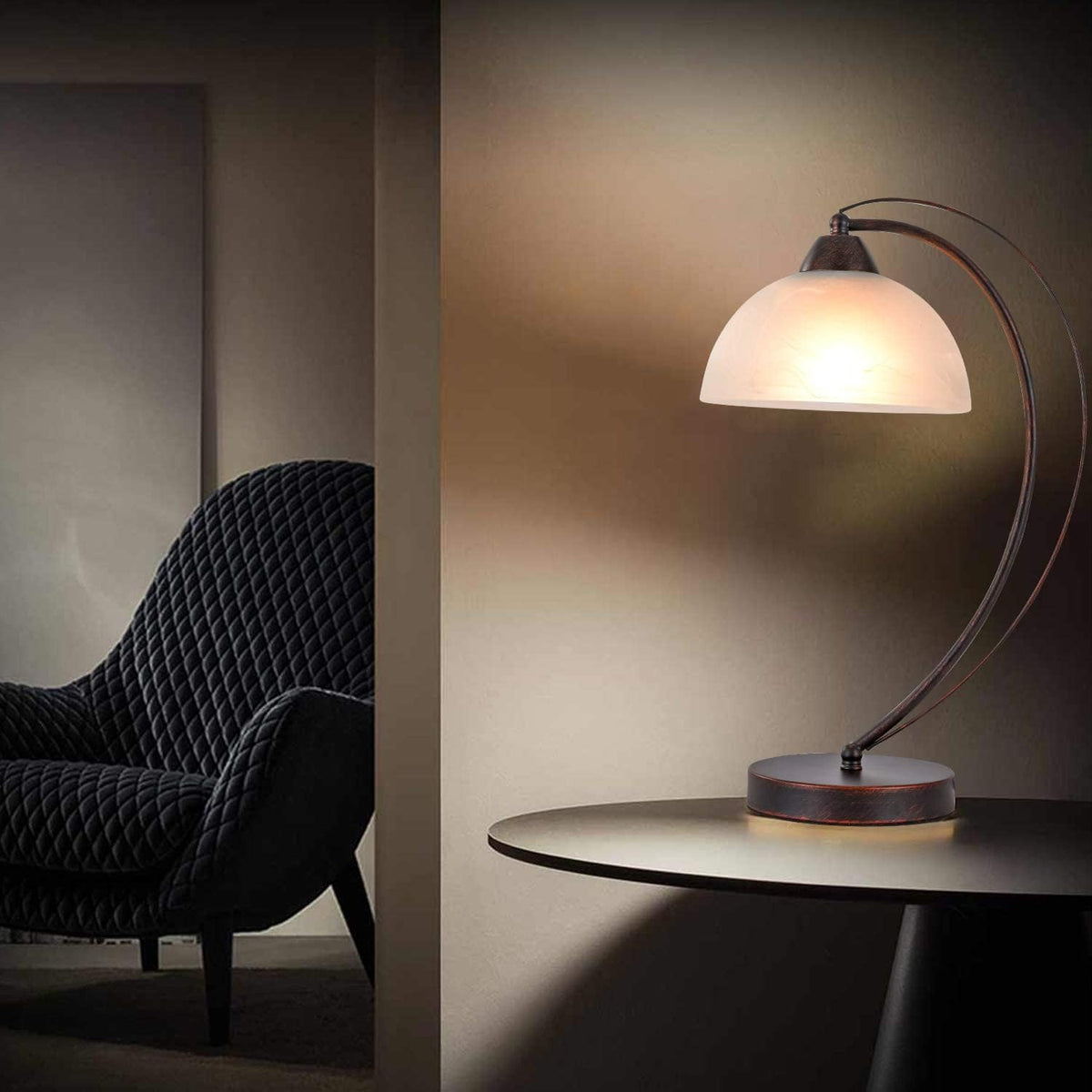 Retro Desk Lamp with Frosted Glass Lampshade Metal Nightstand Light Q36401
