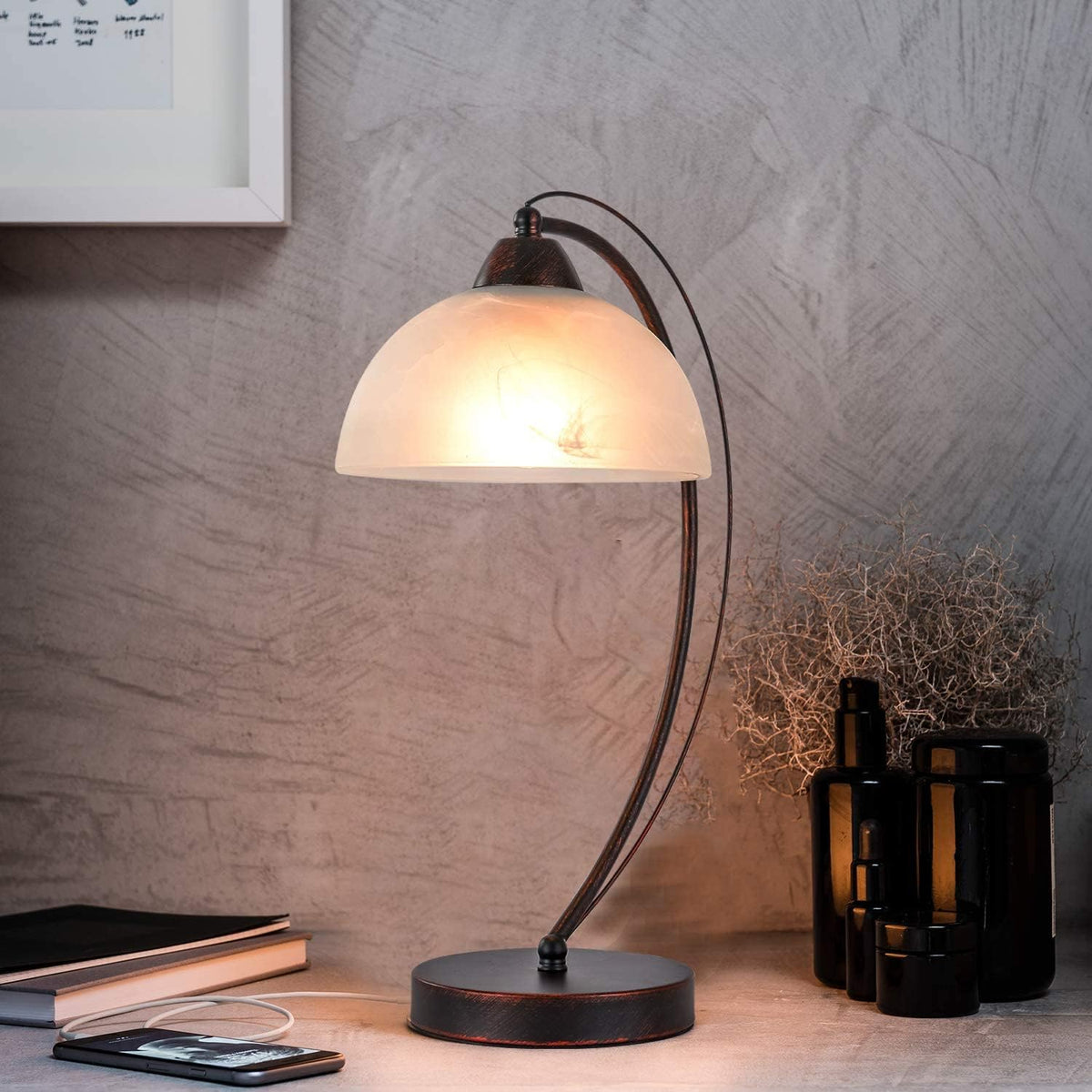 Retro Desk Lamp with Frosted Glass Lampshade Metal Nightstand Light Q36401