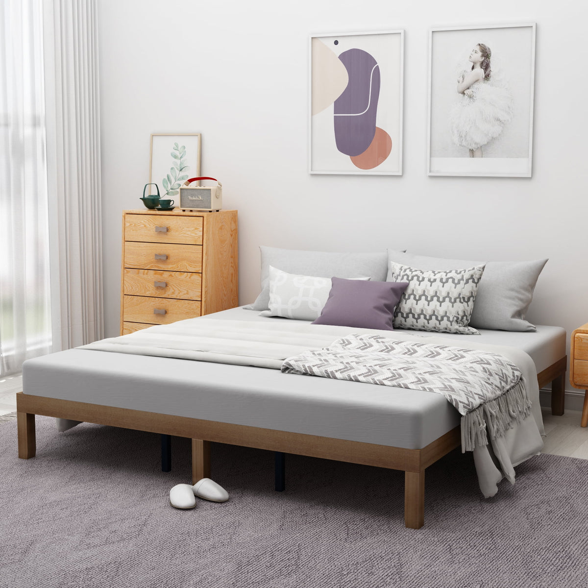 King Size Brown Wooden Platform Bed Frame with Wood Slat Support F67406