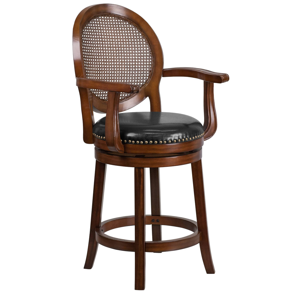 26&& High Wood Counter Height Stool with Arms and Black Leather Swivel Seat R5034