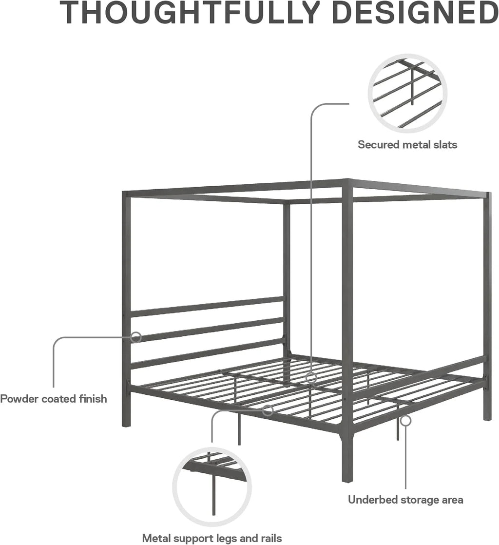 King Gunmetal Gray Metal Canopy Platform Bed with Underbed Storage Y77479