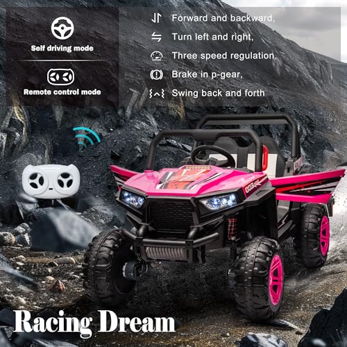 24V Ride on Car Kids Side by Side with Remote Control, 2 Seater 4WD Kids UTV Off-Road Power Wheels, Battery Powered Kids Cars to Drive w/ 4x100W Engine, 3 Speeds, Bluetooth, LED Lights (Pink) Z806764