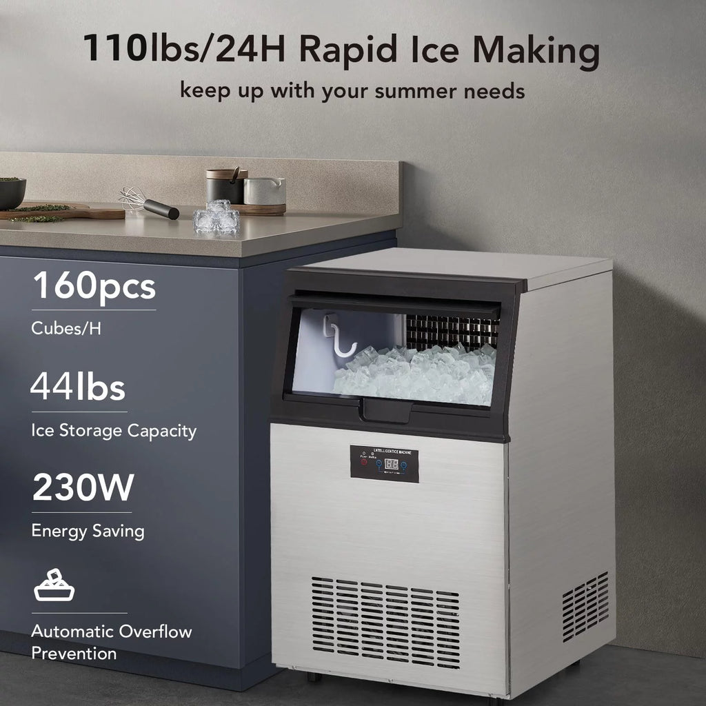Commercial Ice Maker 130Lbs/24H with 44Lbs Storage Stainless Steel U813729