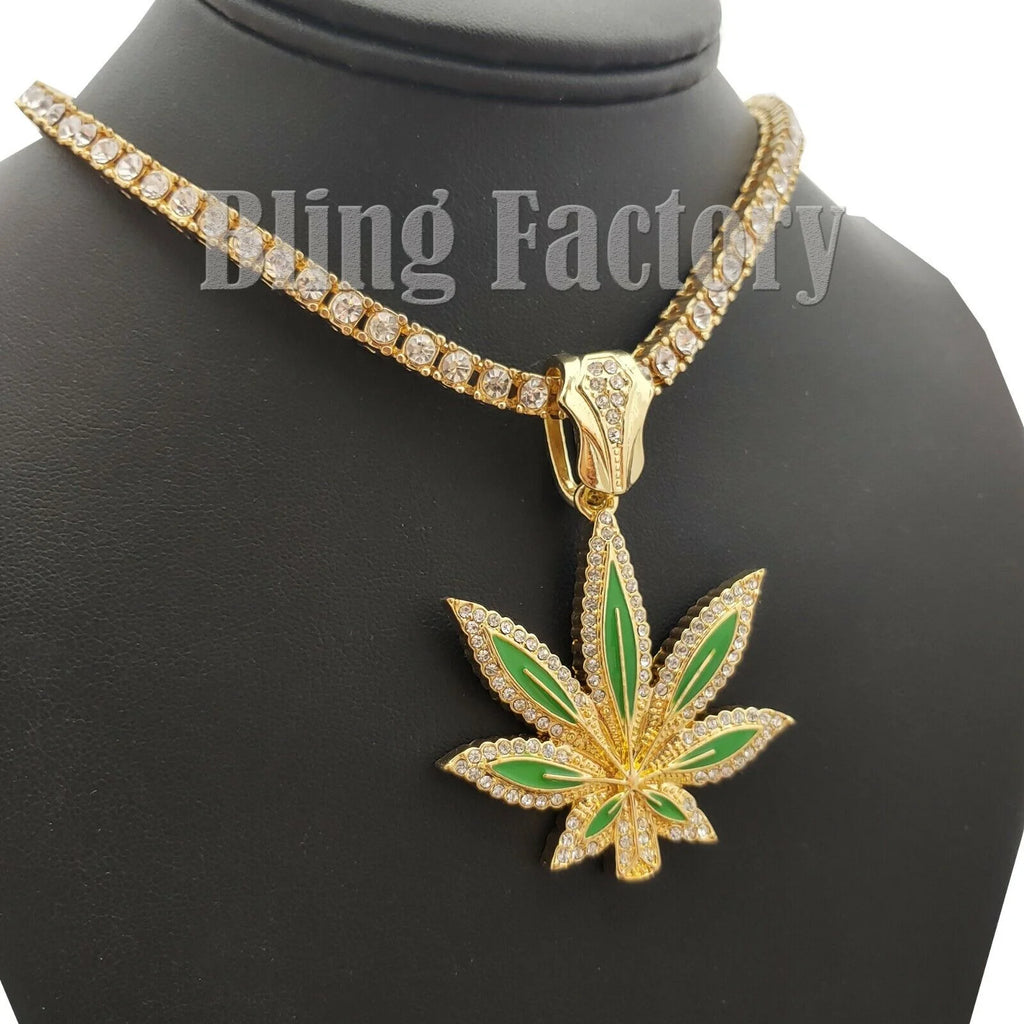 Iced Marijuana Leaf Pendant & 16" 18" 20" Iced Tennis Chain Necklace C57450