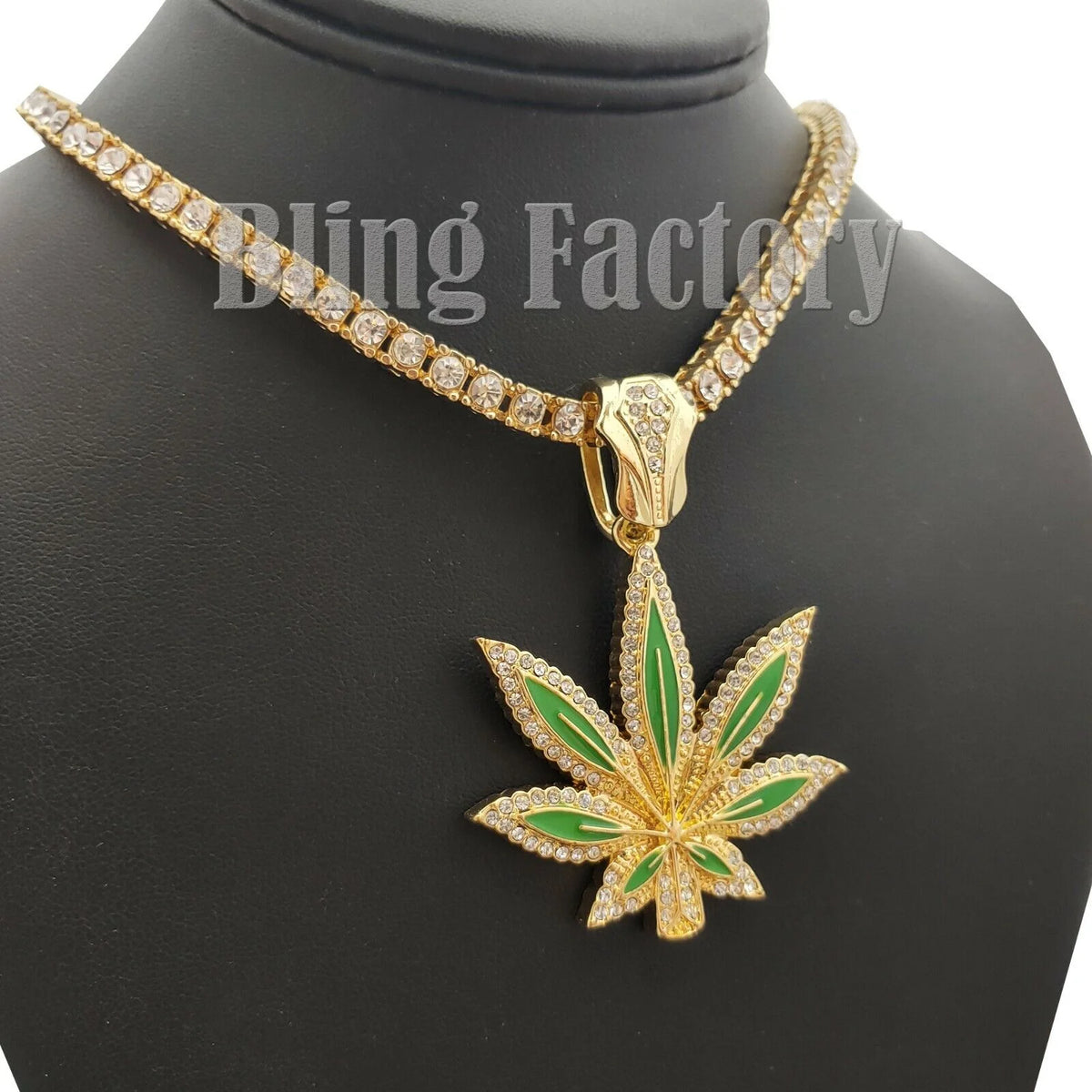 Iced Marijuana Leaf Pendant & 16" 18" 20" Iced Tennis Chain Necklace C57450