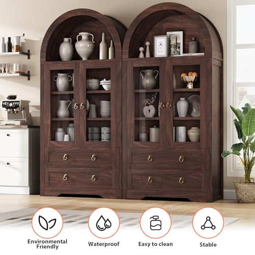 Brown Arched Bookshelf Pantry Storage Cabinet with Drawers Doors and Shelves Z837