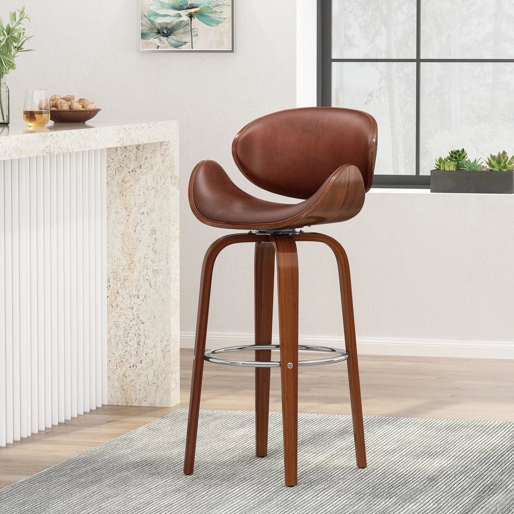 Cognac Brown Walnut Upholstered Swivel Barstool O230