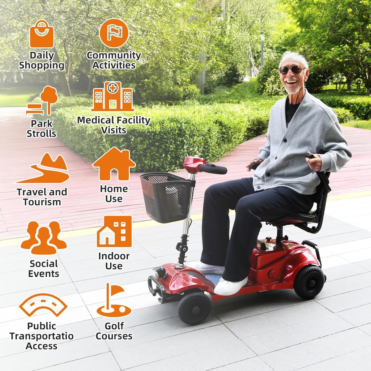 Red Foldable 4 Wheel Mobility Scooter with Basket and Light M900934