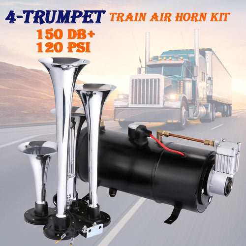 150DB 4 Air Horn Train Horns Kit with 120 PSI 12V Compressor N82944