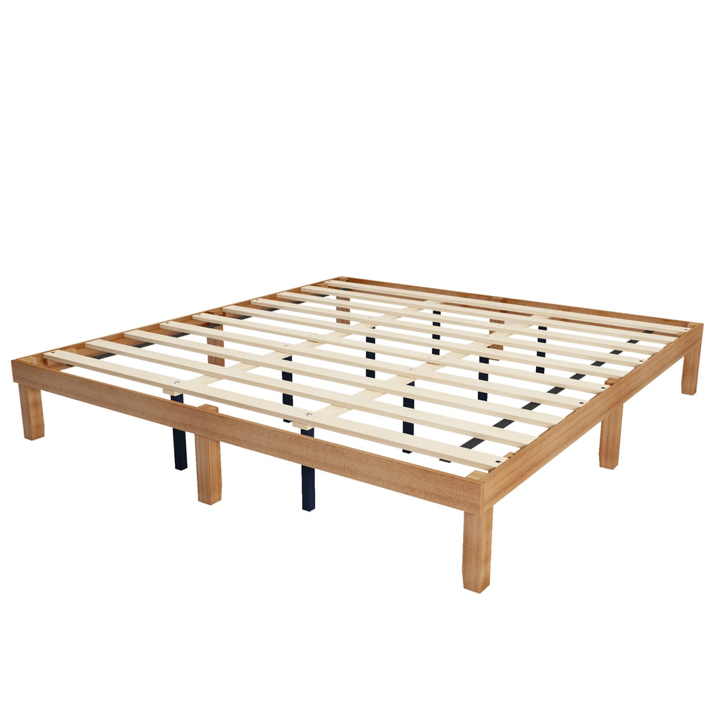 King Size Brown Wooden Platform Bed Frame with Wood Slat Support F67406