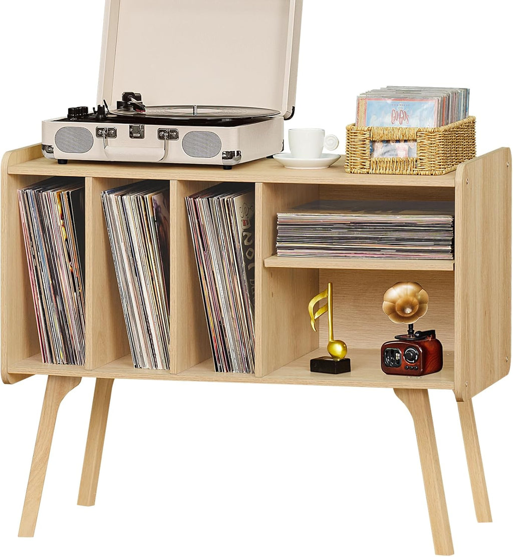 Record Player Stand with 4 Cabinet, Beech Wood Legs, Natural Vinyl Holder Storage Shelf L8132
