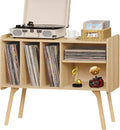 Record Player Stand with 4 Cabinet, Beech Wood Legs, Natural Vinyl Holder Storage Shelf L8132