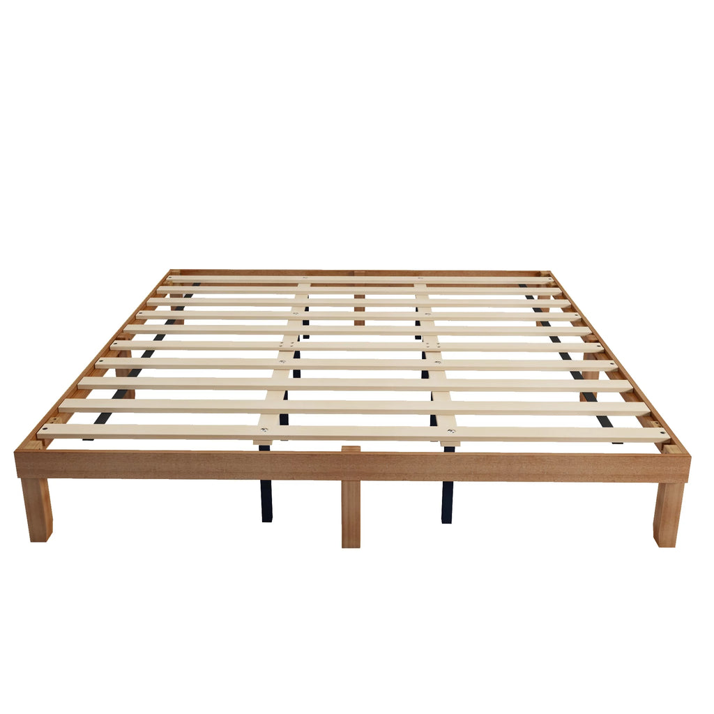 King Size Brown Wooden Platform Bed Frame with Wood Slat Support F67406
