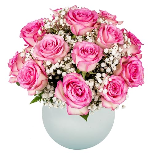 Pink Roses and Baby's Breath Fresh Flowers Bouquet with Vase E2617