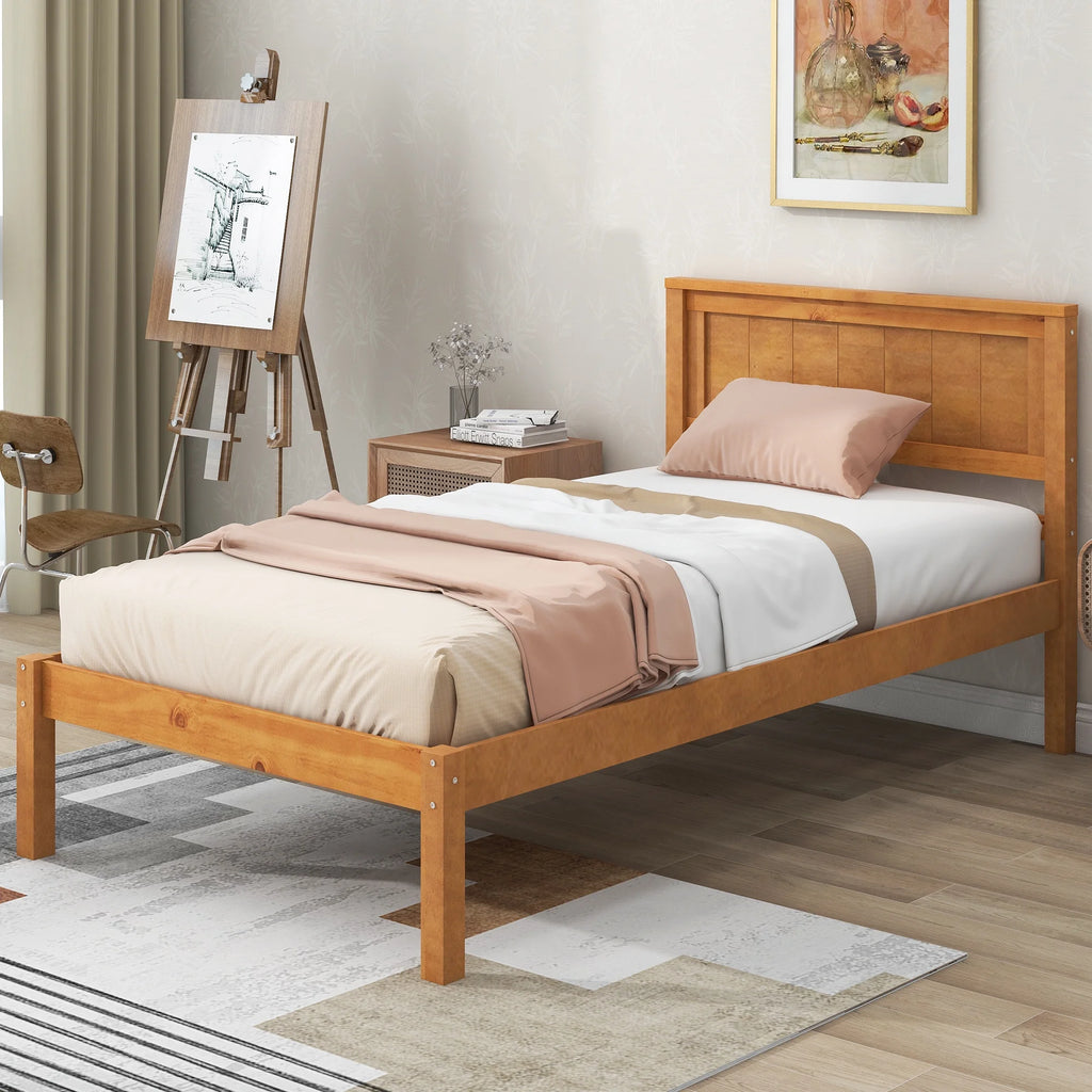 Twin Platform Bed Frame with Headboard and Wood Slat Support P190