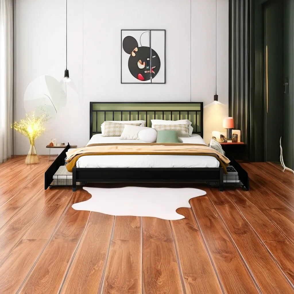 King Size Metal Platform Bed Frame with Storage Headboard and 4 Drawers X399
