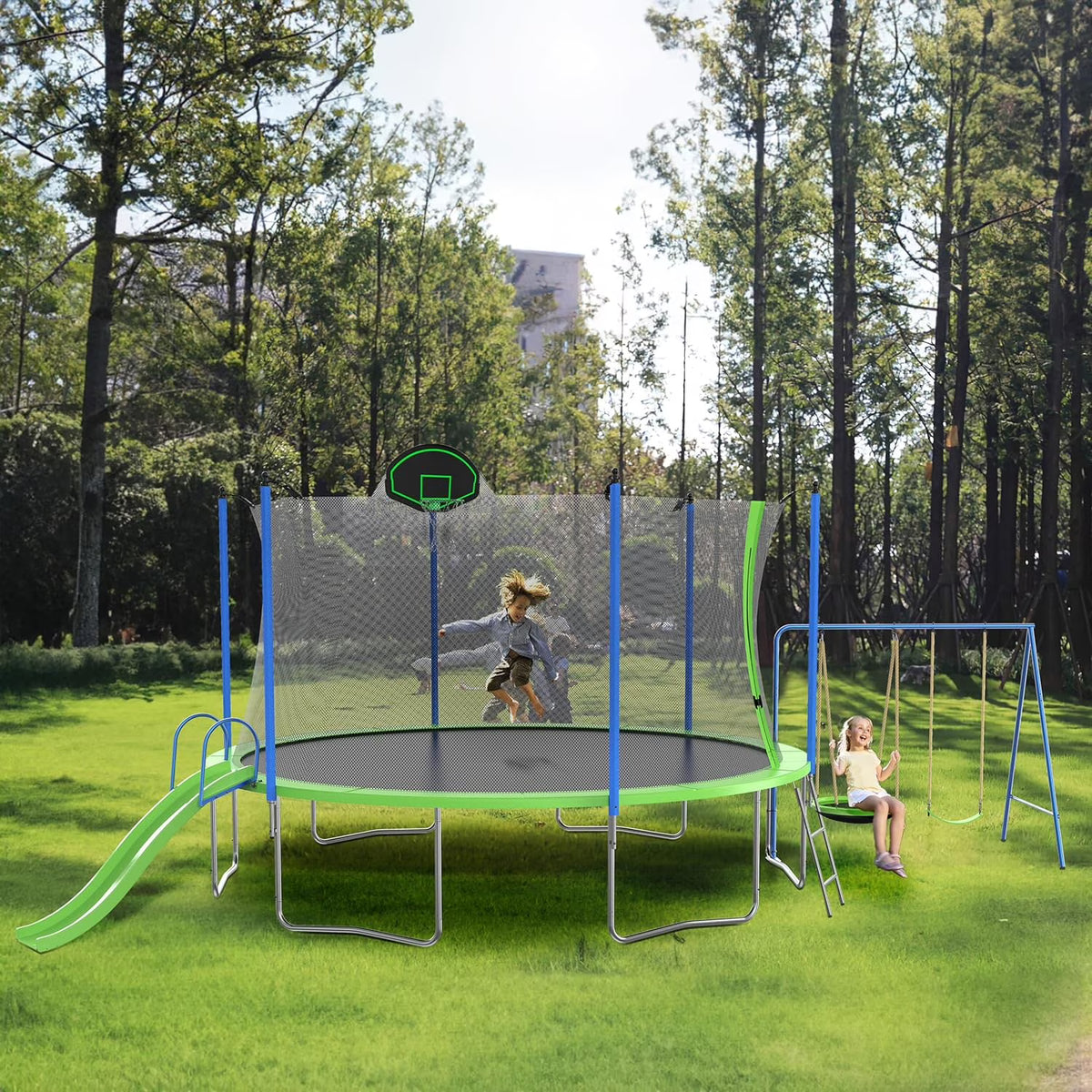 14FT Trampoline with Enclosure Slide Swing & Basketball Hoop A526426