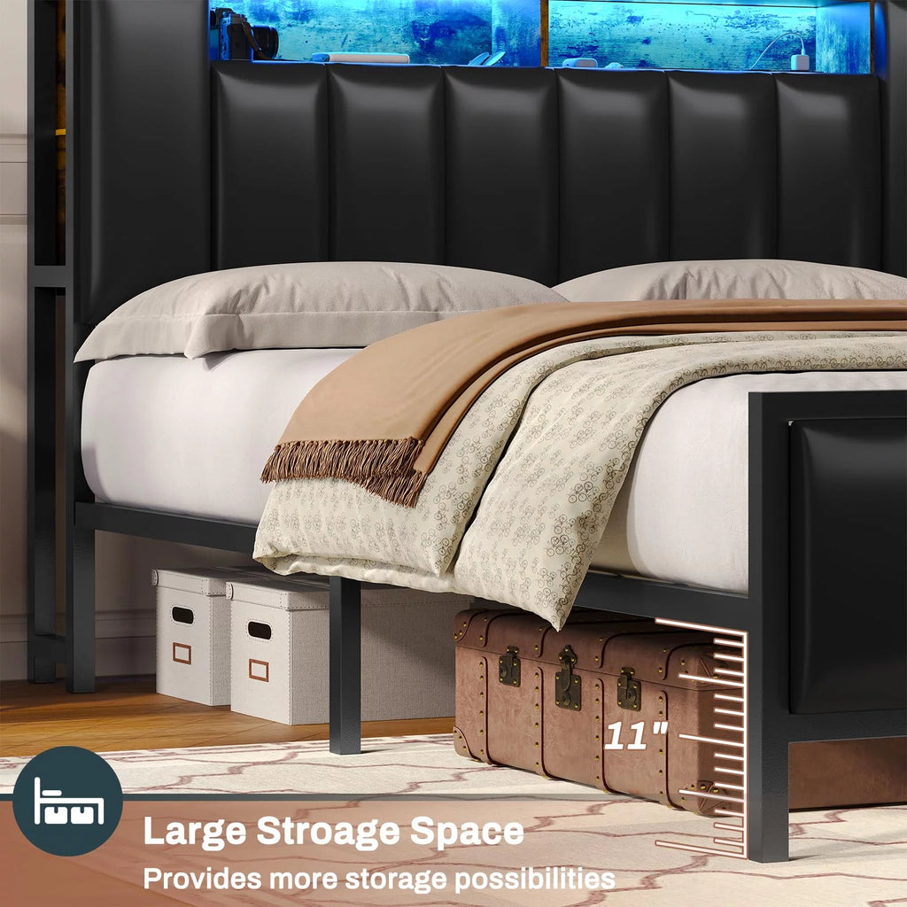 Queen Bed Frame with Storage Headboard and Led Light V121297