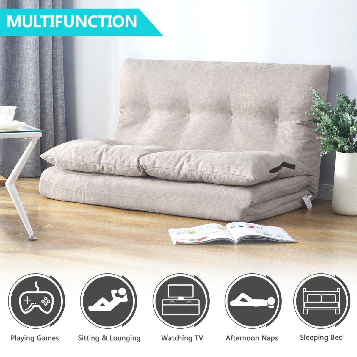 Beige Fabric Folding Chaise Lounge Sofa Floor Couch Q810099