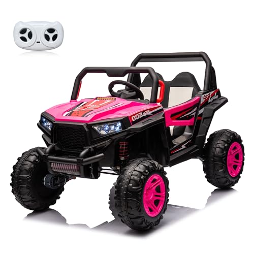 24V Ride on Car Kids Side by Side with Remote Control, 2 Seater 4WD Kids UTV Off-Road Power Wheels, Battery Powered Kids Cars to Drive w/ 4x100W Engine, 3 Speeds, Bluetooth, LED Lights (Pink) Z806764