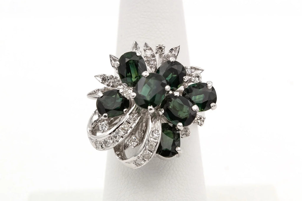 18k White Gold Sapphire Diamond Cluster Ring P674