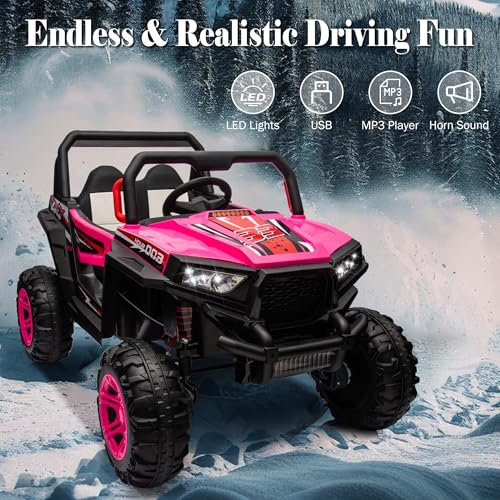 24V Ride on Car Kids Side by Side with Remote Control, 2 Seater 4WD Kids UTV Off-Road Power Wheels, Battery Powered Kids Cars to Drive w/ 4x100W Engine, 3 Speeds, Bluetooth, LED Lights (Pink) Z806764