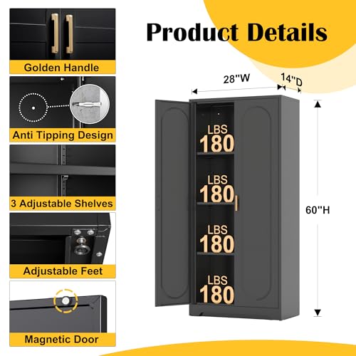 Black Metal Pantry Cabinet with Doors and 4 Adjustable Shelves D80278