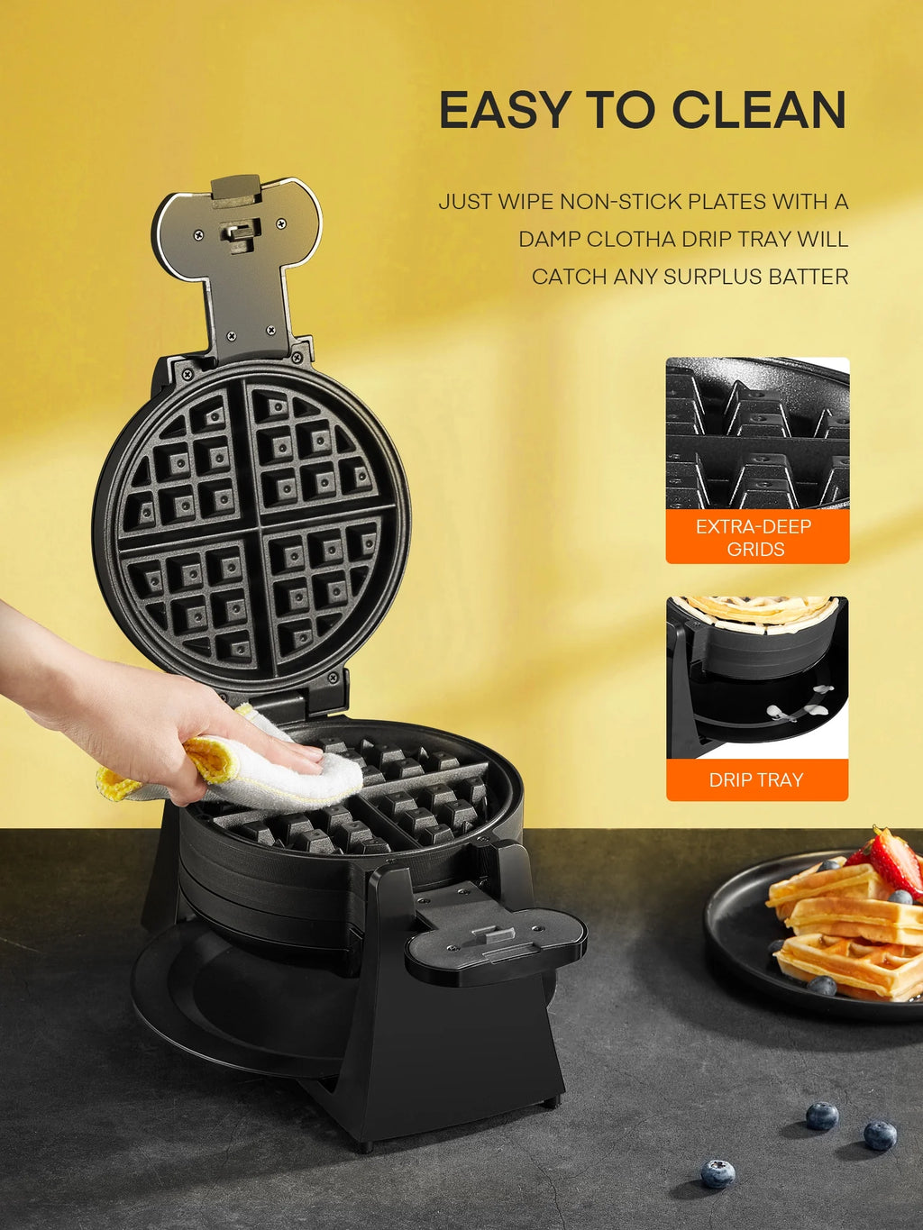 Double Belgian Waffle Maker 180° Flip 1400W Nonstick Black F527