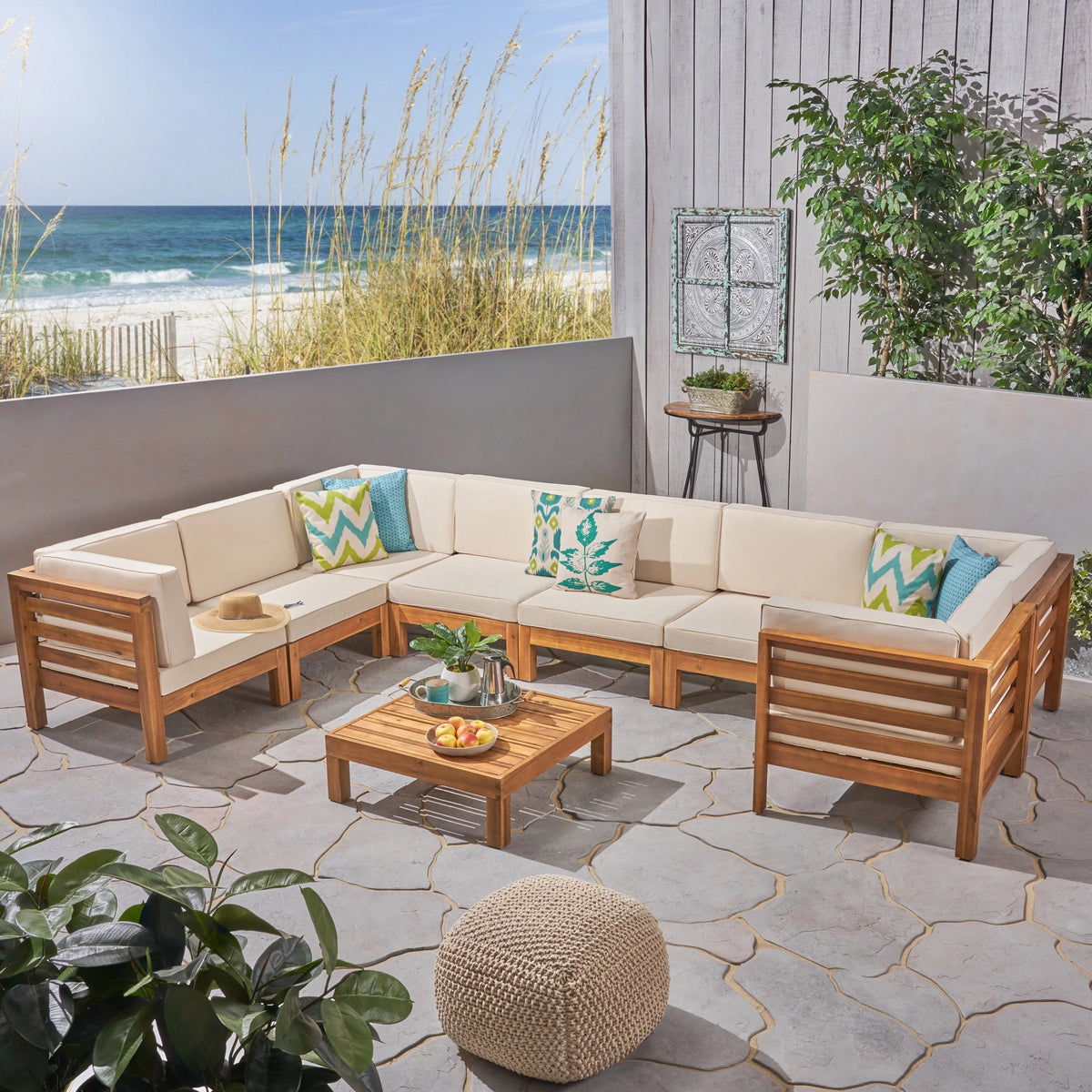 9 Piece Acacia Wood U-Shaped Sectional Sofa Set with Coffee Table and Cushions Q53794