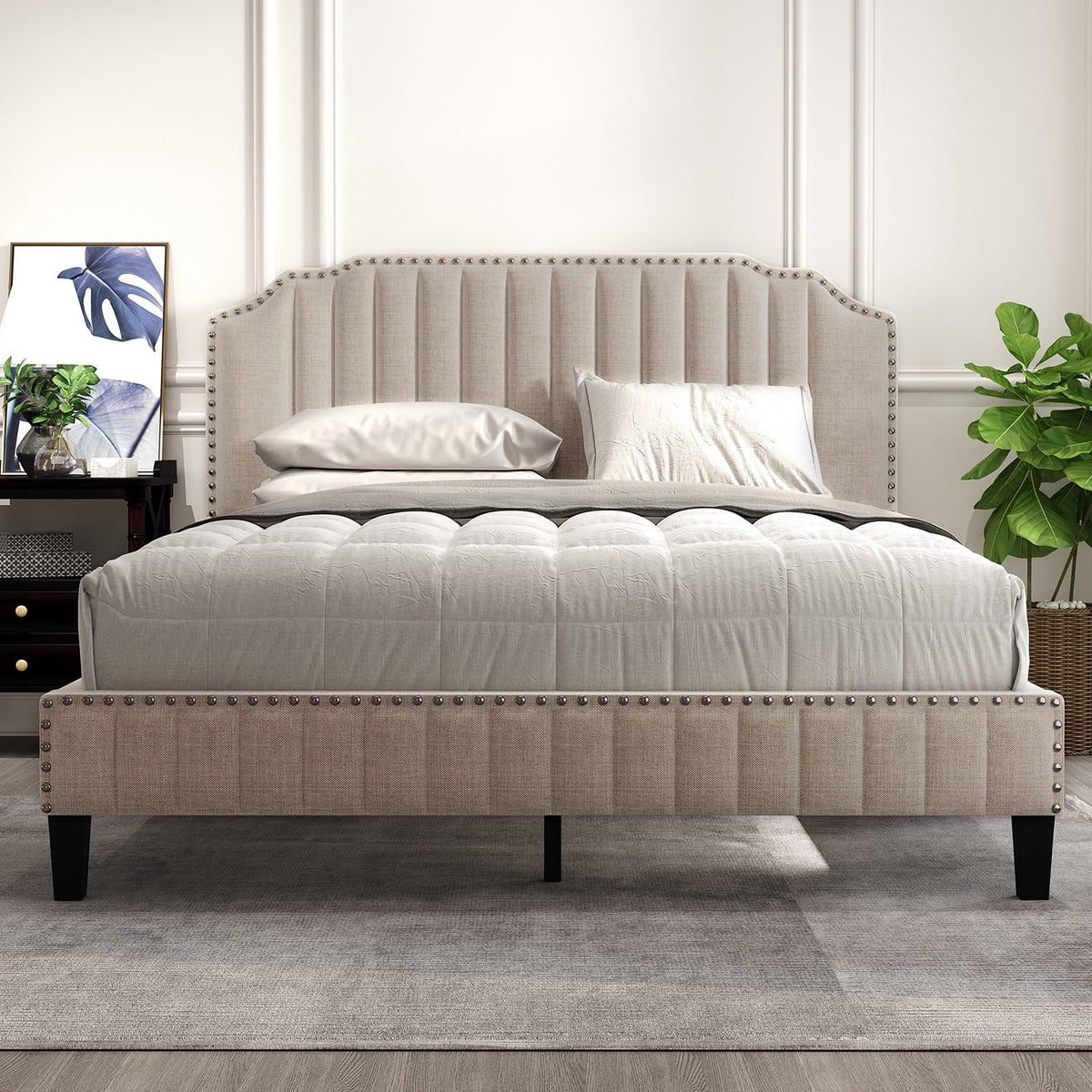Beige Queen Size Linen Upholstered Platform Bed Frame with Wood Slats K272925