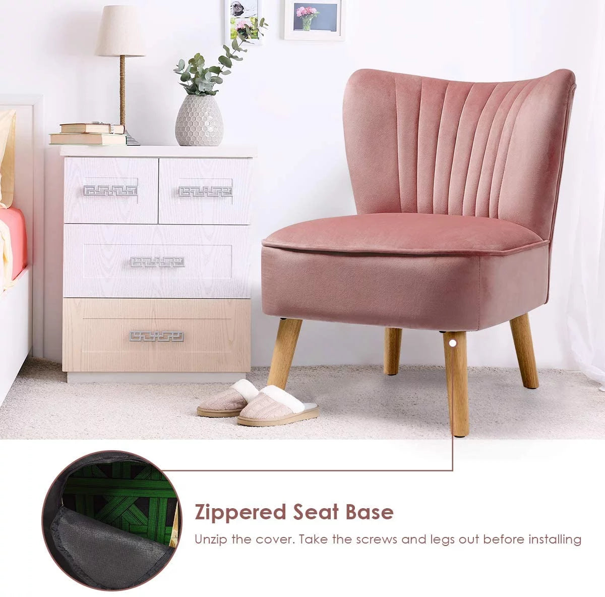 Velvet Upholstered Accent Chair with Wood Legs J75400
