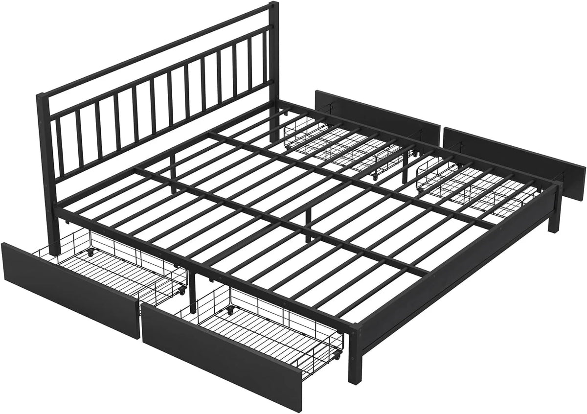 King Size Metal Platform Bed Frame with Storage Headboard and 4 Drawers X399